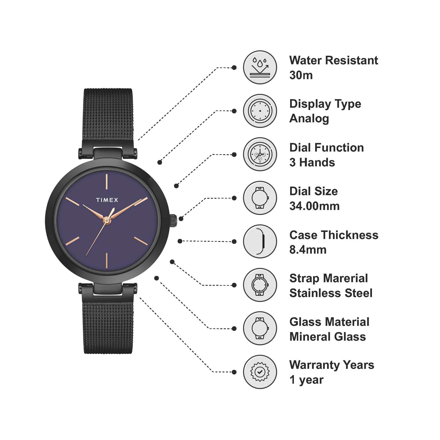 TIMEX Women Purple Round Dial Analog Watch - TWEL118SMU05 - Image 6