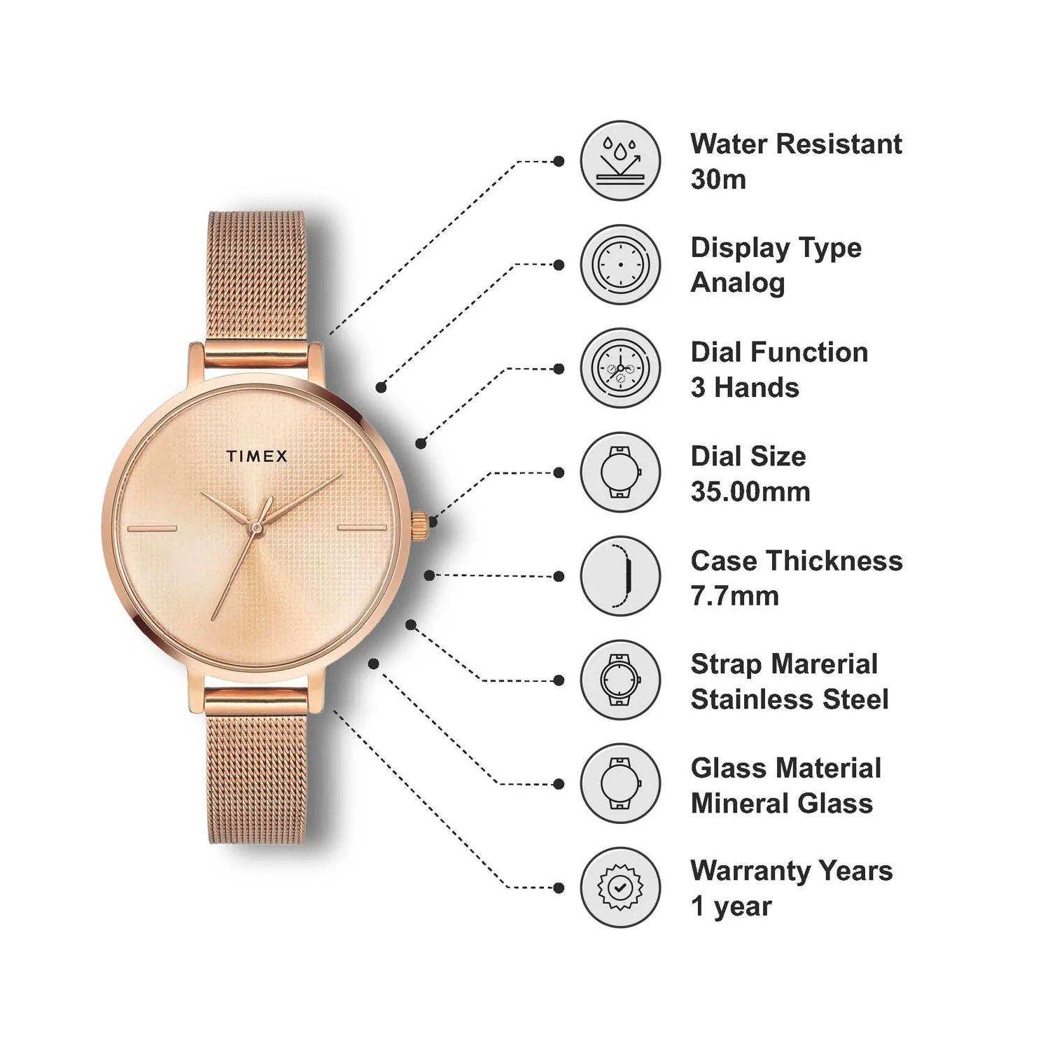 TIMEX Women Rose Gold Round Dial Analog Watch - TWEL155SMU06 - Image 6