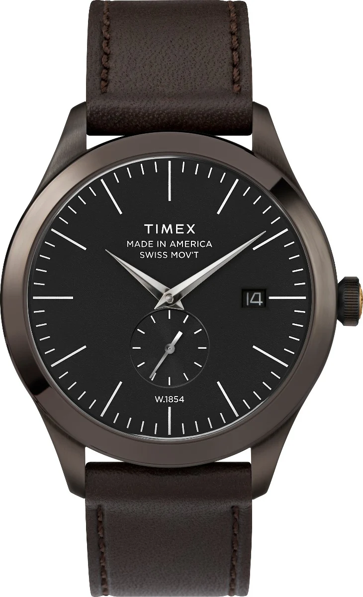 Timex American Documents Men's Swiss Quartz Analog Gunmetal Dial Round Case Leather-Strap Function Watch -TW2R83000