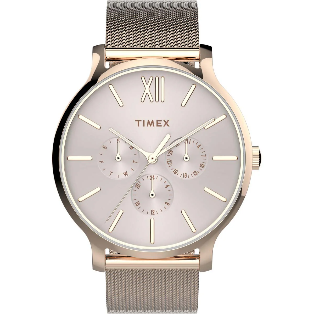 Timex Global Women's Rose Gold-Tone Dial  Case Stainless-Steel-Mesh-Bracelet Function Watch -TW2T74500