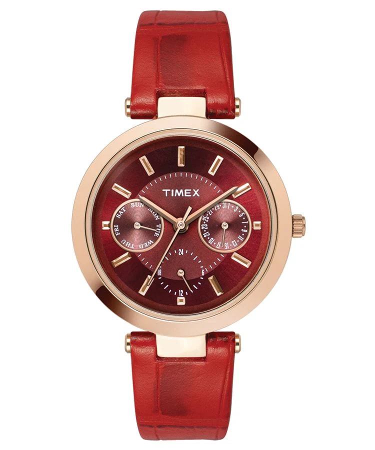 Timex Fashion Women's Red Dial Round Case Multifunction Function Watch -TWEL11810